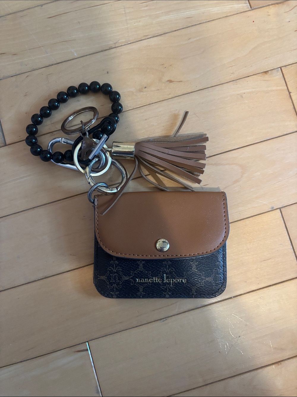 Nanette Lepore Brown & Black Card and Key Pouch with Beaded Wristlet